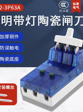 仙泰3P63A透明蓝色陶瓷闸刀 销售C63家用HK2带指示灯闸刀开关