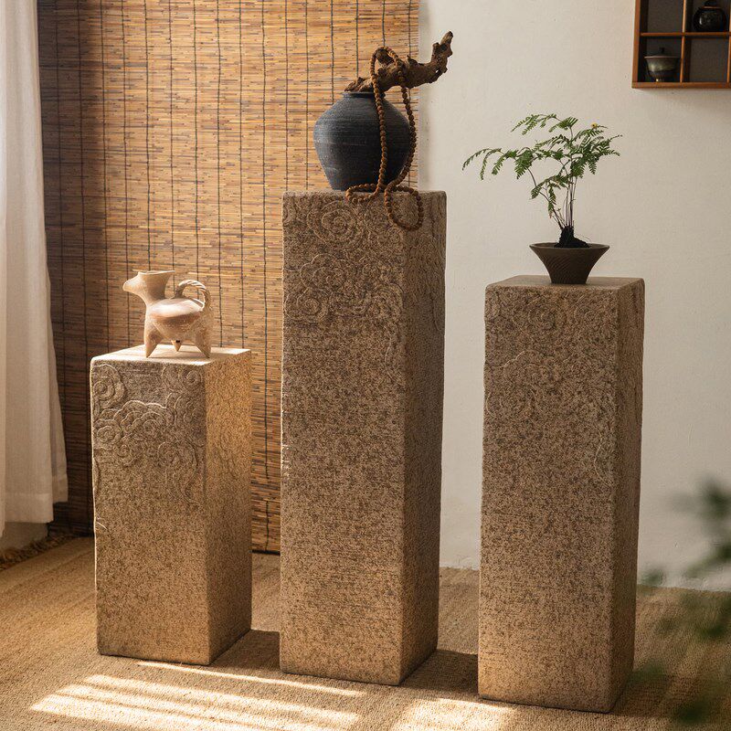 新中式落地彷古石柱客厅玄关展示柱民宿茶室祥云柱装饰底座摆件