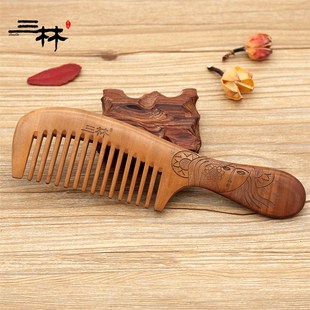 精选大号三林桃木梳雕花卷发梳大齿宽齿头部按摩梳防脱发梳礼品盒