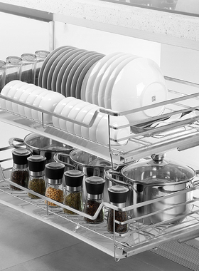 精选悦恺拉篮厨房橱柜抽屉式304不锈钢双层调味厨柜碗架碗碟篮置