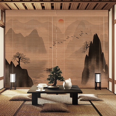 碳化山水风景画印花竹帘卷帘窗帘卷拉式升降茶室隔断背景装饰帘子