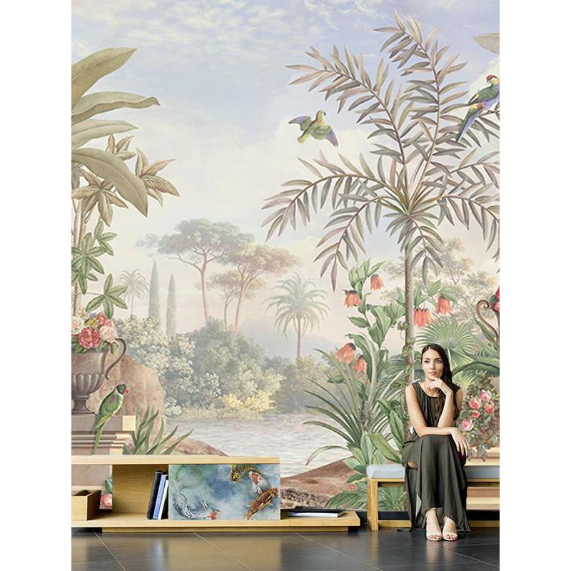 覆古法式西洋画壁纸热带植物风景墙纸客厅卧室墙布电视背景墙壁画