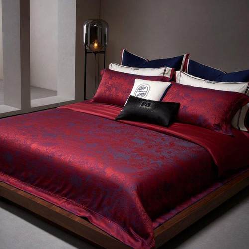 160支进口匹马棉色织提花高端西式婚庆四件套红色高级感结婚床品4