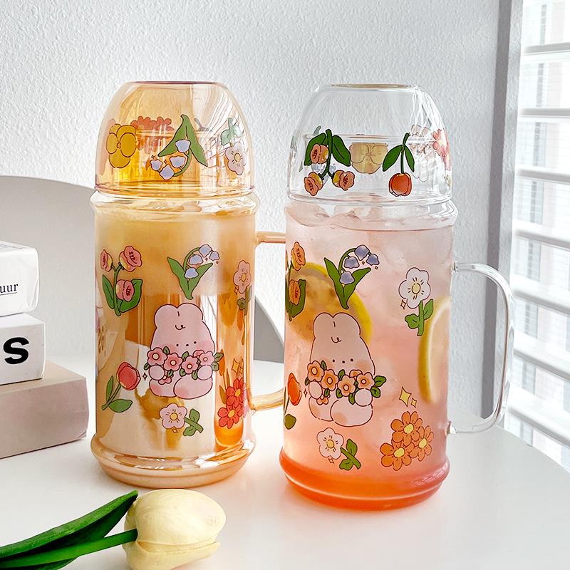 大容量卡通女冷水壶耐高温一人饮带盖玻璃杯家用新款1L饮水壶