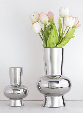 现代轻奢银色电镀陶瓷花瓶摆件客厅餐桌茶几样板房插花家居装饰品