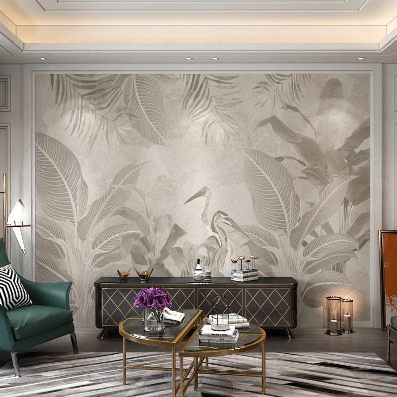 北欧手绘复古客厅电视背景墙壁纸中世纪热带植物花鸟墙布芭蕉壁画