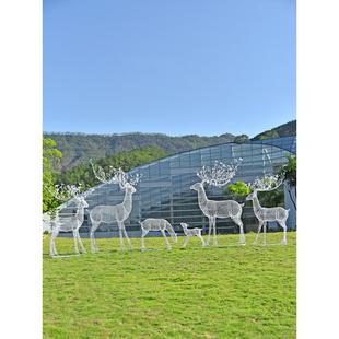 户外镂空线条铁艺抽象梅花鹿雕塑公园林景观装 饰品动物不锈钢摆件