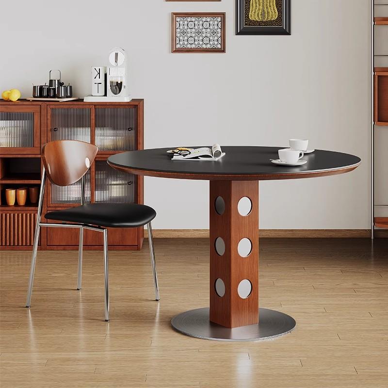 中古风圆餐桌覆古金属腿北欧小户型简约法式圆形餐桌实木岩板饭桌