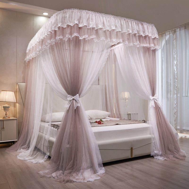 新款u型导轨蚊帐家用公主风床幔防蚊轨道加厚加密双层落地三开门