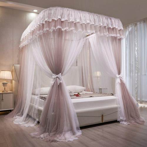 新款u型导轨蚊帐家用公主风床幔防蚊轨道加厚加密双层落地三开门