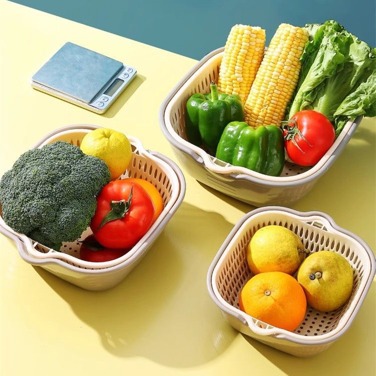 多功能双层设计沥水篮灰白色厨房用品洗菜盆塑料篮八件套方形加厚