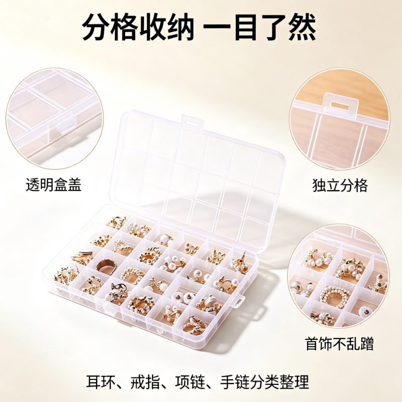 透明多格美甲首饰盒耳环耳钉收纳盒耳饰格子收纳盒项链饰品盒图片