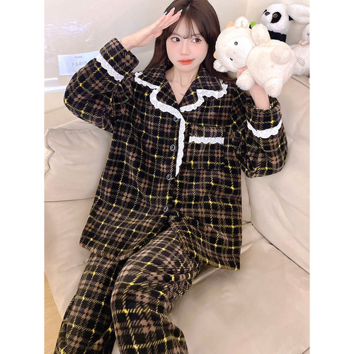 睡衣女秋冬季加厚套装家居服保暖长袖春秋新款珊瑚绒法兰绒可外穿