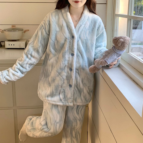 法兰绒睡衣女秋冬新款韩系可爱波纹少女套装加绒加厚珊瑚绒家居服