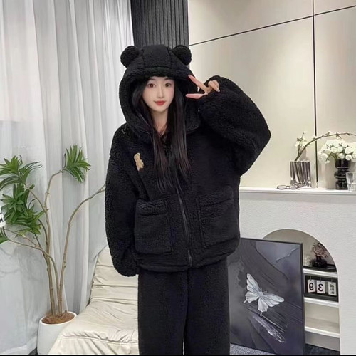 冬季睡衣女加绒加厚小熊睡衣家居服舒棉绒睡衣套装可外出加厚款