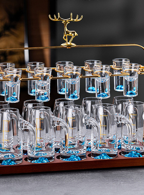 高档蓝山白酒杯套装家用中式一口杯子弹杯水晶玻璃分酒器杯架酒具