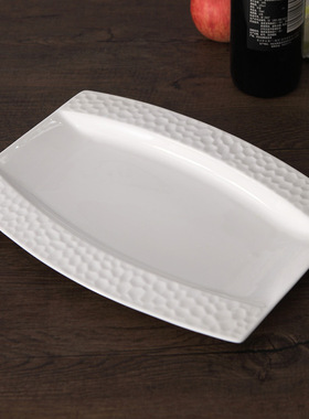 唐山骨瓷纯白色餐具创意盘长方形大号鱼盘纯白水立方日式鱼盘