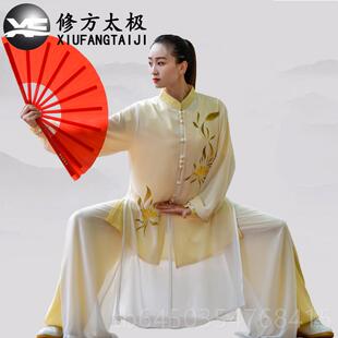 高档修方太极士雪披纱飘逸纺中式太极拳服八术段锦武比女赛练功表