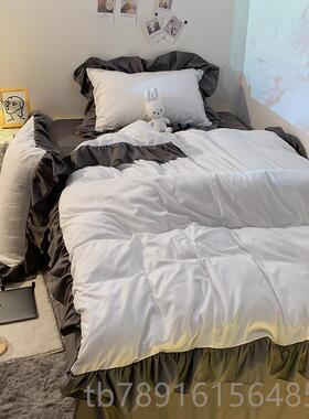 正品韩床用品纯色少女心紫色荷叶边上四件套床裙公主风18.双式人