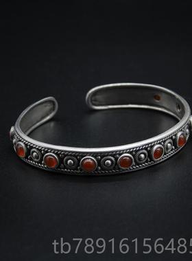 正品民族风925银手镯古原款开口藏族特色纯做旧手环游牧草风蒙复