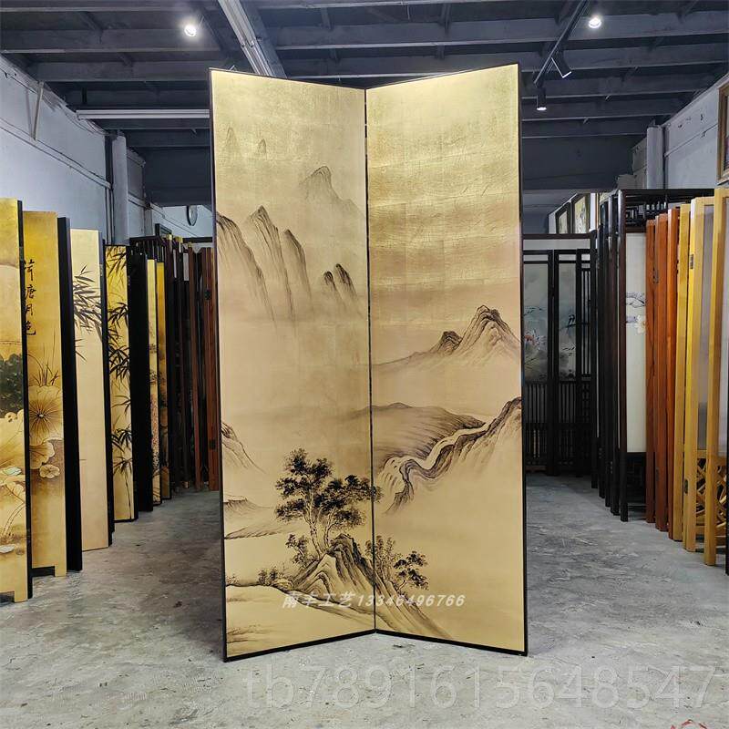 正品式复古手绘漆画金箔中山水风屏隔断客厅折叠茶店室遮挡酒装饰