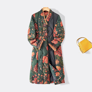 中式100%桑蚕丝90白鸭绒香云纱女装羽绒服香云纱高端长款羽绒服