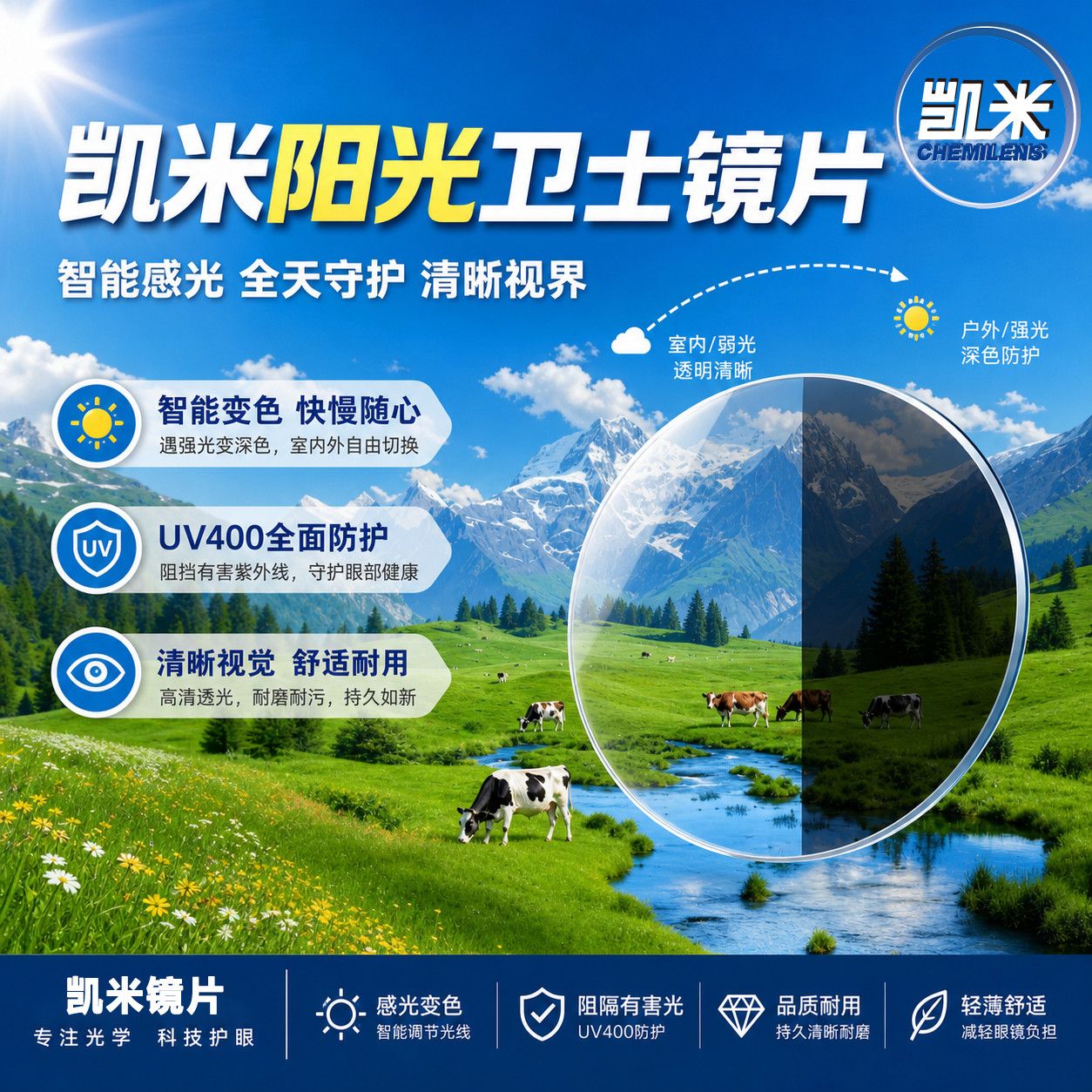凯米阳光卫士变色镜片1.56智能变色近视眼镜官方正品专业配镜2片Q