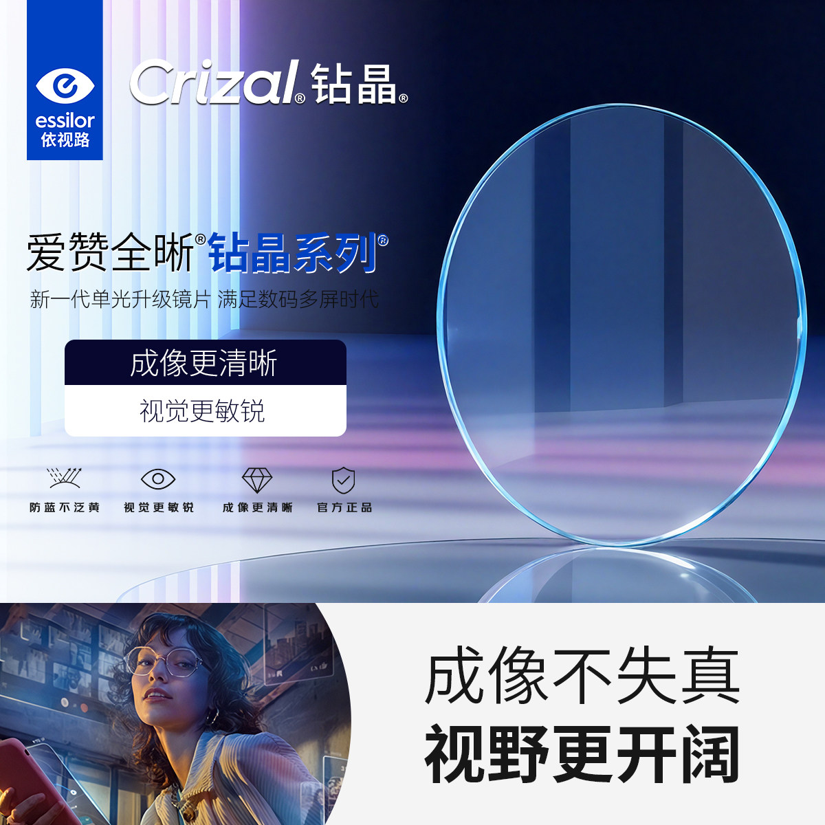 依视路镜片爱赞全晰钻晶膜致1.60超薄防蓝光近视眼镜可配度数2片N