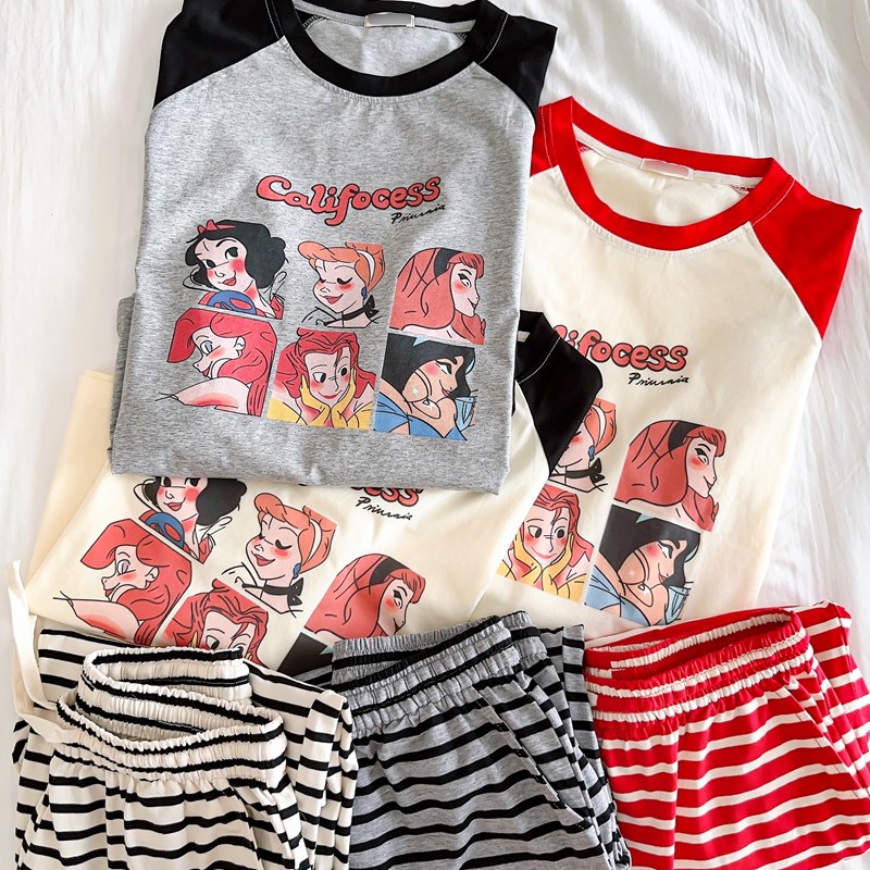 卡通公主睡衣女纯棉春q秋新款可爱韩系可外穿条纹长裤家居服秋冬