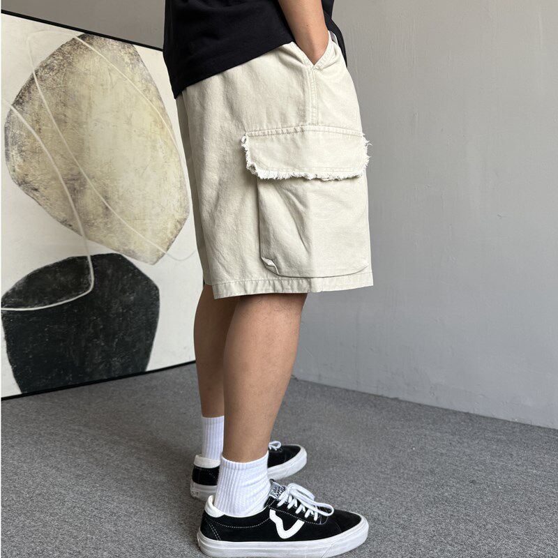 夏季美式c休闲痞帅重磅复古大口袋工装短裤男宽松抽绳纯棉五分裤