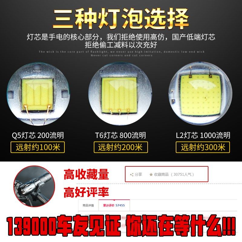 夜骑t6自行车灯车前灯UStB充电强光LED手电筒山地车灯骑行装备配