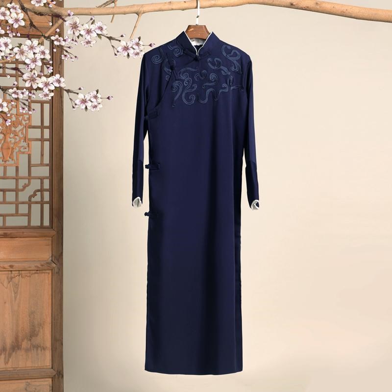 相声演出服中式长袍新款刺绣x大褂立领斜襟复古唐装民国风男装马