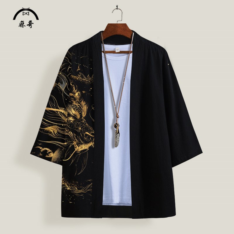 国潮古风龙e印花道袍男宽松大码潮流披风复古休闲男装薄款外套开