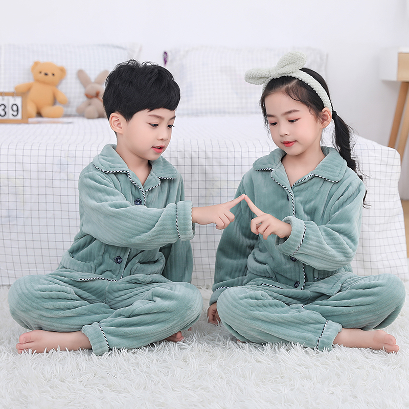 男童睡衣秋冬季加厚款女孩法兰z绒套装中大童珊瑚绒儿童保暖家居