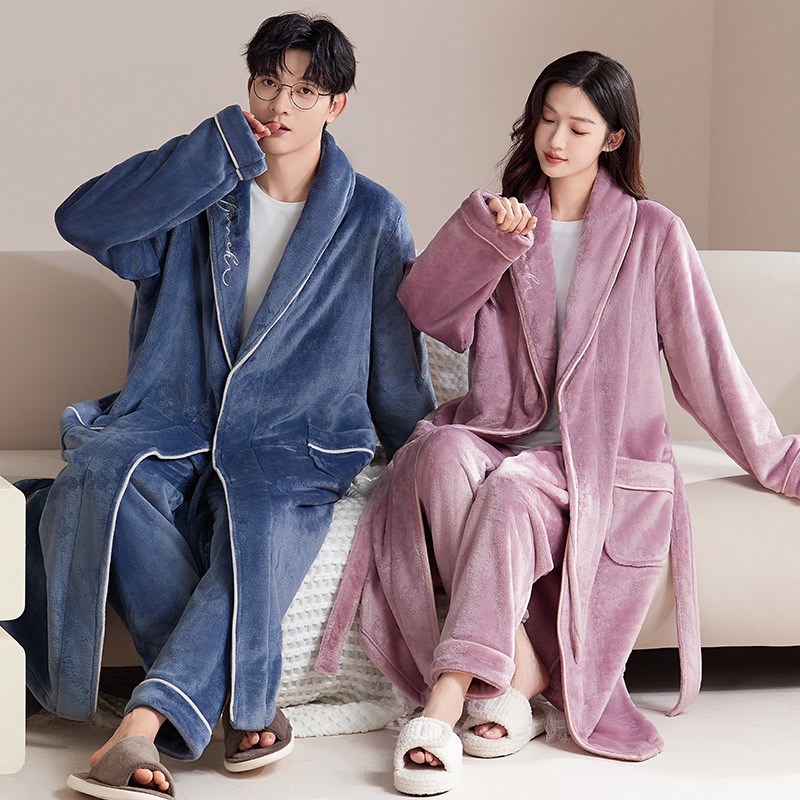 秋冬季法兰绒情侣睡n袍男士长款睡衣珊瑚绒浴袍女加绒加厚大码晨