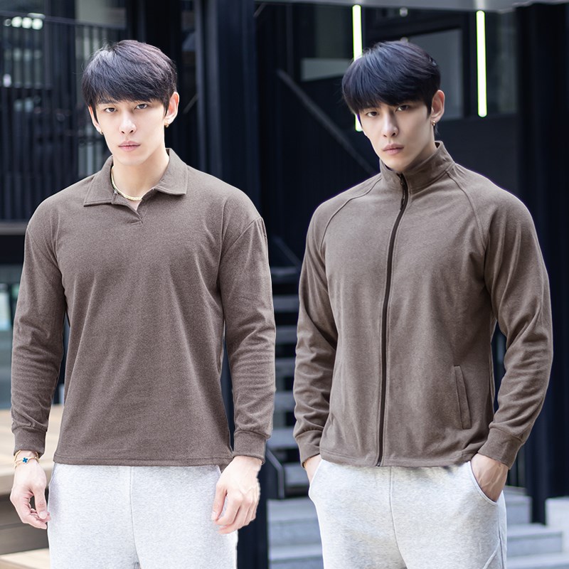 秋冬重磅保暖翻领长袖polo领打底德绒拉链外O套健身t恤修身内搭男