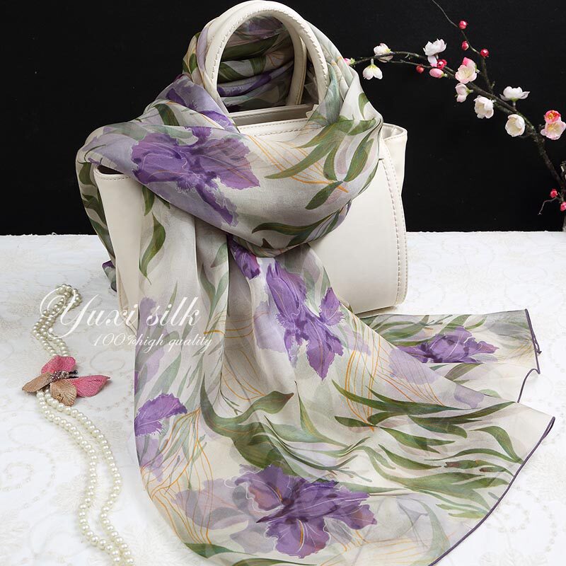 紫色鸢尾花100%桑蚕丝s长款真丝丝巾披肩女士春秋冬夏季丝绸围巾
