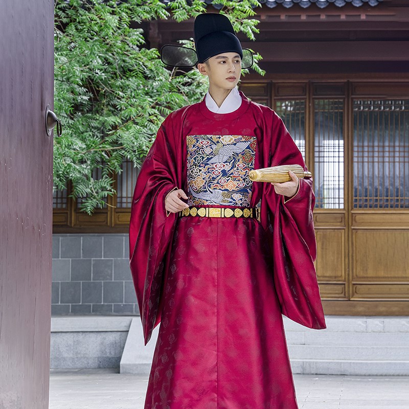 2024新绯红汉服l明制男女鹤文官官服圆领袍喜庆补服司仪中式婚服
