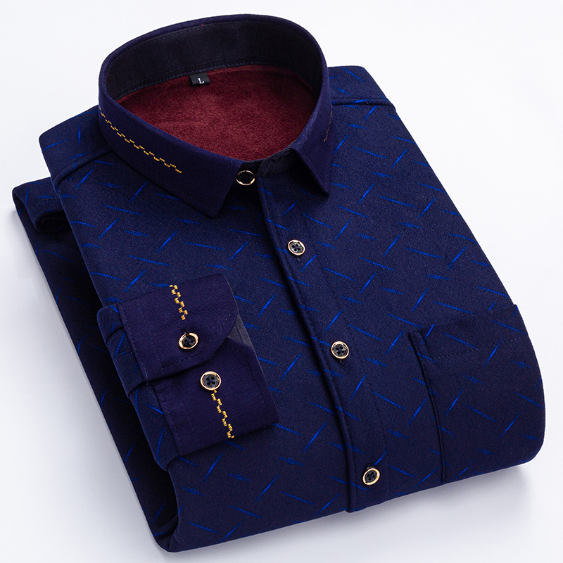 冬季男士休闲加绒加厚时尚青年y印花保暖衬衫修身中年弹力加绒上