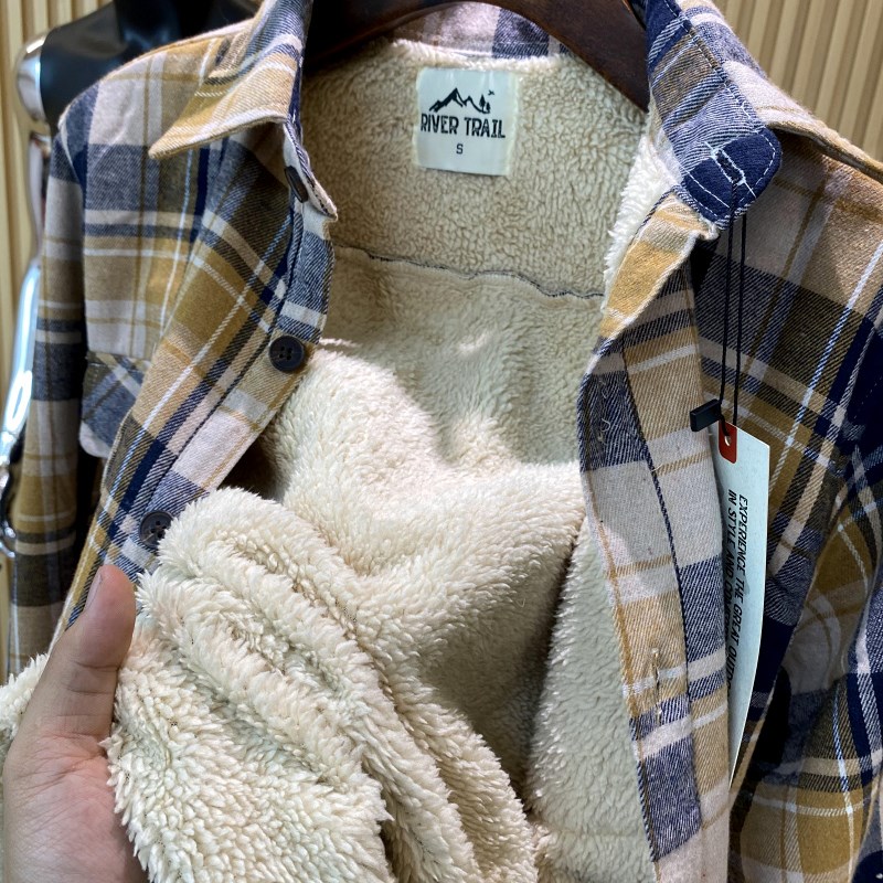 老美单 秋冬男士加绒加厚保暖不臃肿宽松K休闲羊羔毛格子衬衫外套