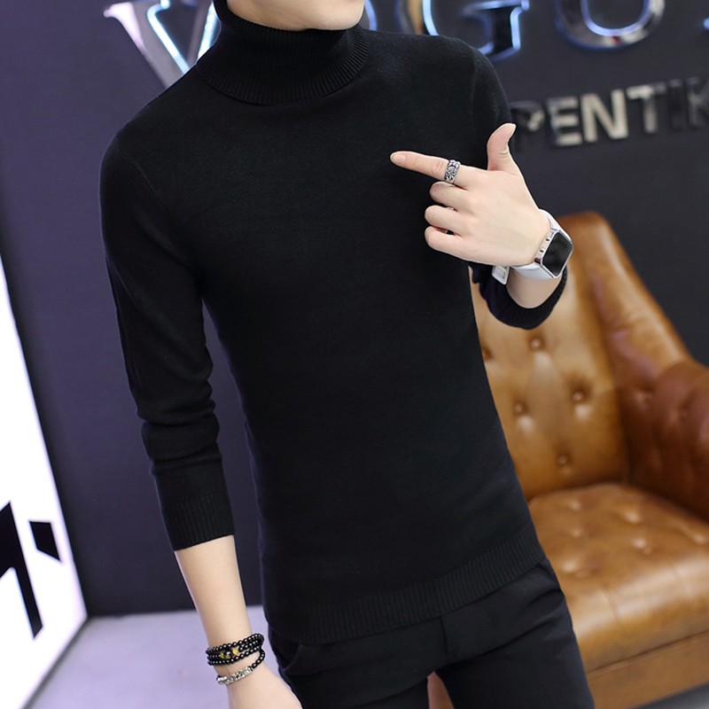 高领毛衣男秋冬季韩版白色针织衫加厚线衣纯色加绒打X底衫潮上衣