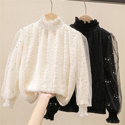 女童打底衫秋冬新款中大儿童纯棉半高领上衣加绒加厚保.暖外穿衣