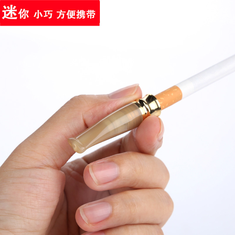 天然牦牛角迷你短烟嘴双重t过滤循环型可清洗拉杆式男士香菸过滤