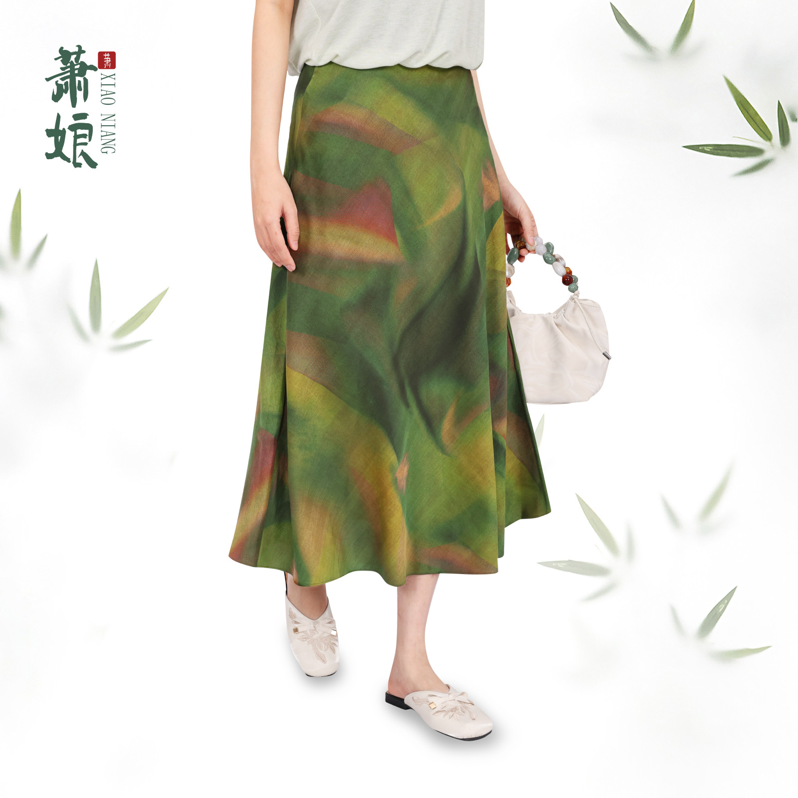 萧娘【烟纱吻风】弹力缎红云纱半身裙休闲百搭新中式半裙春夏5299