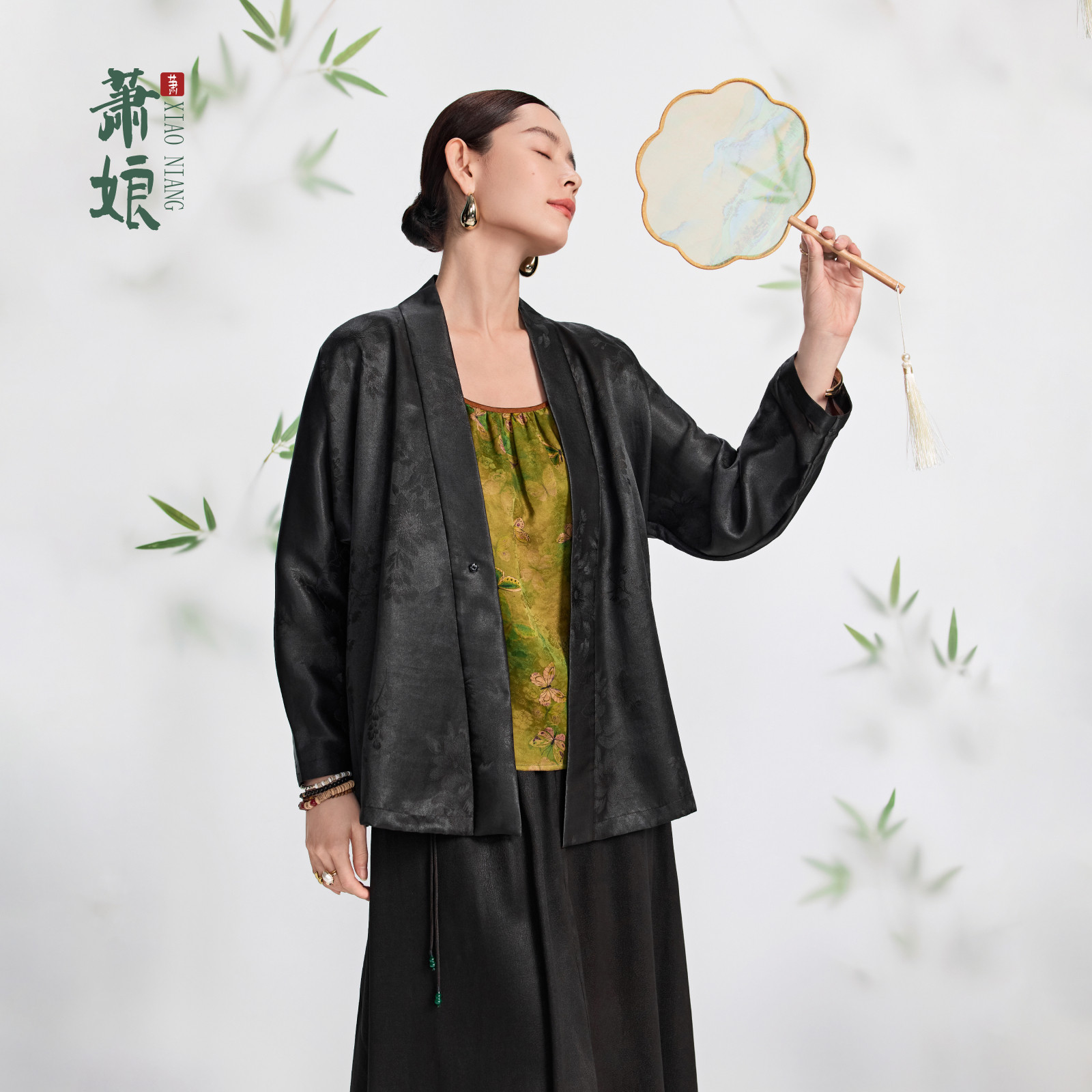 萧娘【墨荷韵】提花缎香云纱新中式长袖外套桑蚕丝中国风1463