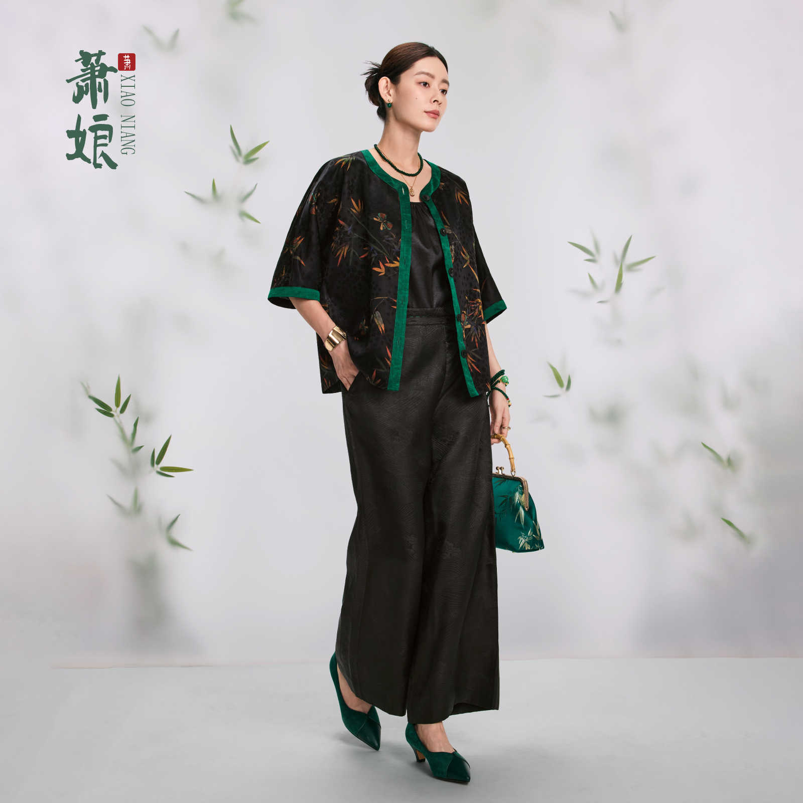 萧娘香云纱新中式桑蚕丝衬衫上衣绿色宽松百搭外套套装1761