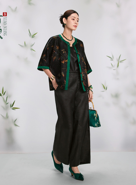 萧娘香云纱新中式桑蚕丝衬衫上衣绿色宽松百搭外套套装春夏1761