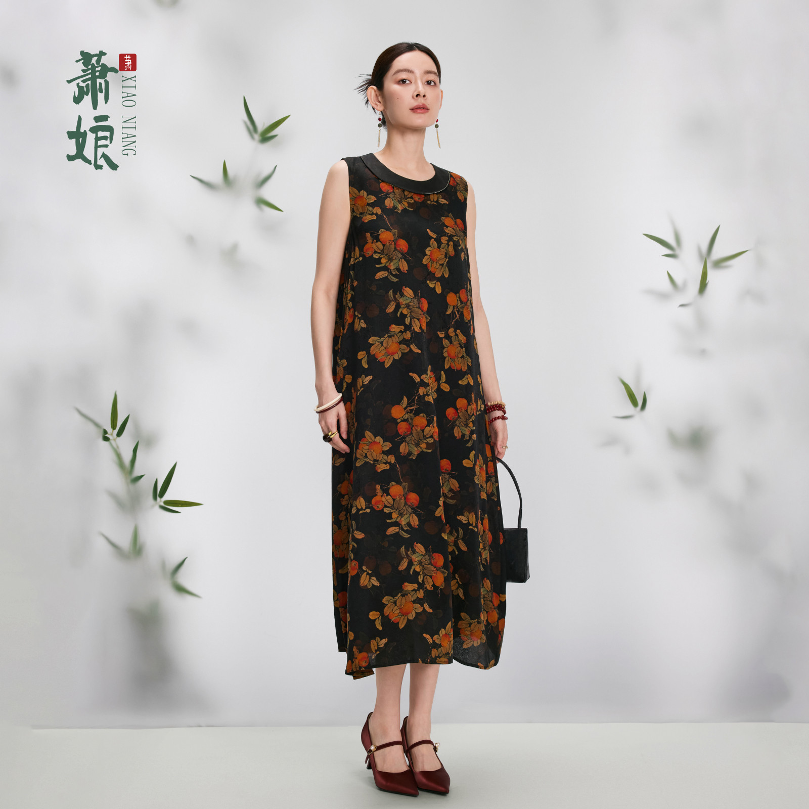 萧娘【柿柿如意】红云纱新中式桑蚕丝女连衣裙中国风XNA1786