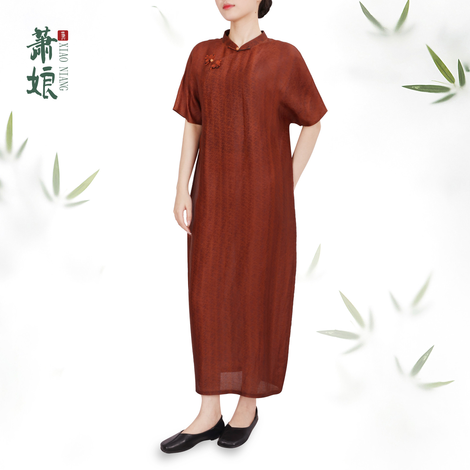 萧娘【觅知音】皇金丝红云纱连衣裙中式斜襟盘扣桑蚕丝女裙 2145