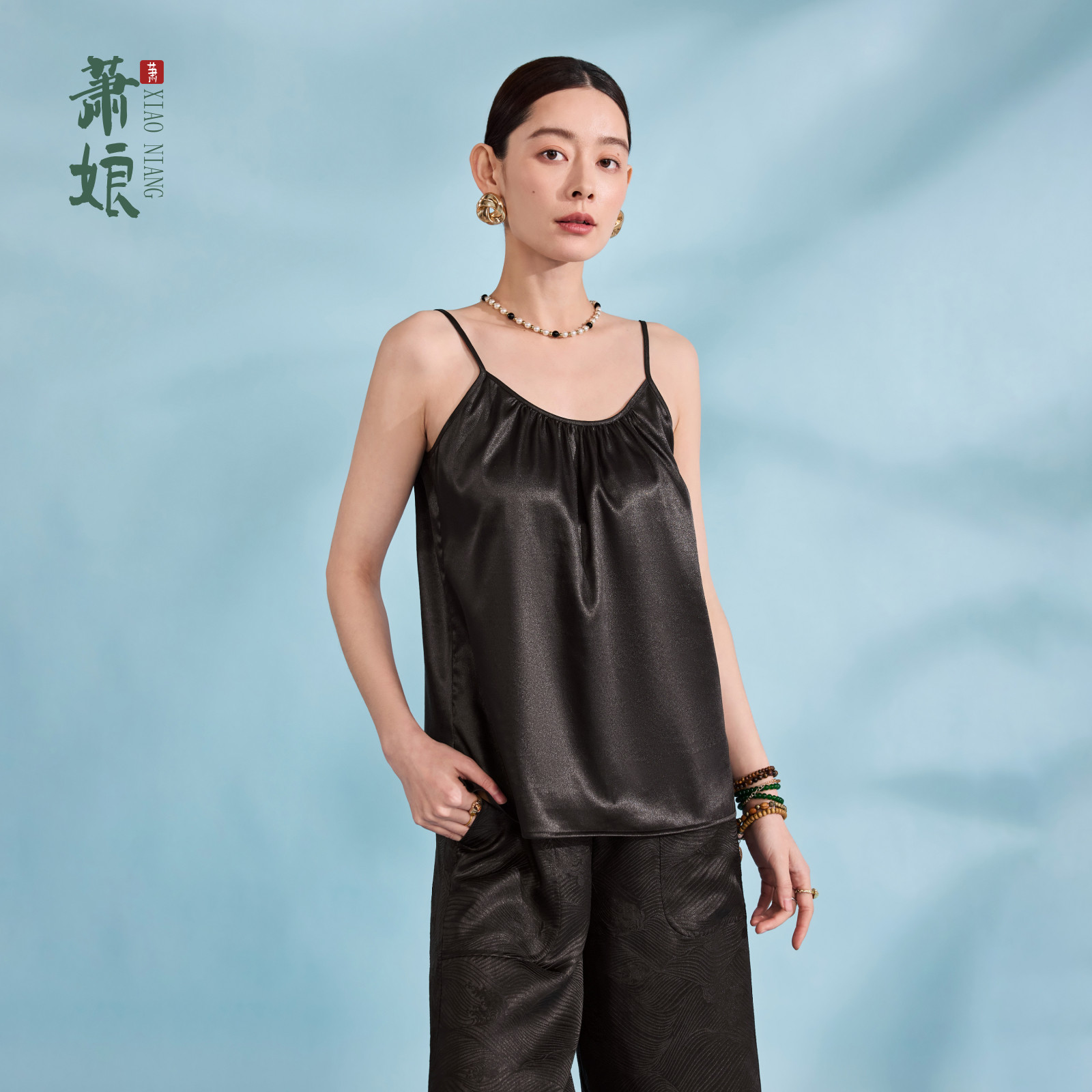 萧娘【冷香】桑蚕丝吊带打底时尚气质中式显瘦背心XNA408图片